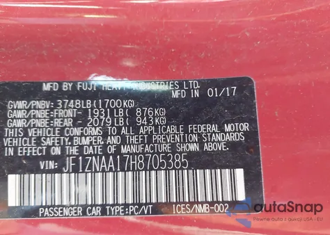 2017 Toyota 86 z USA, uszkodzony, nr VIN JF1ZNAA17H8705385